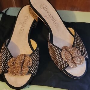 CHANEL Camelia Slide Sandals Black & Gold Size 36